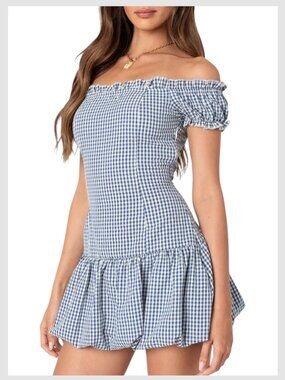 Edikted Mini Dress Blue White Gingham Bubble Hem Size S